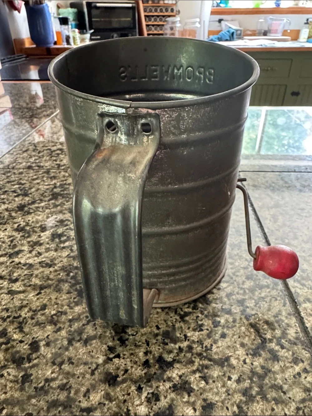 Bromwell’s Vintage Flour Sifter Metal with red wooden handle